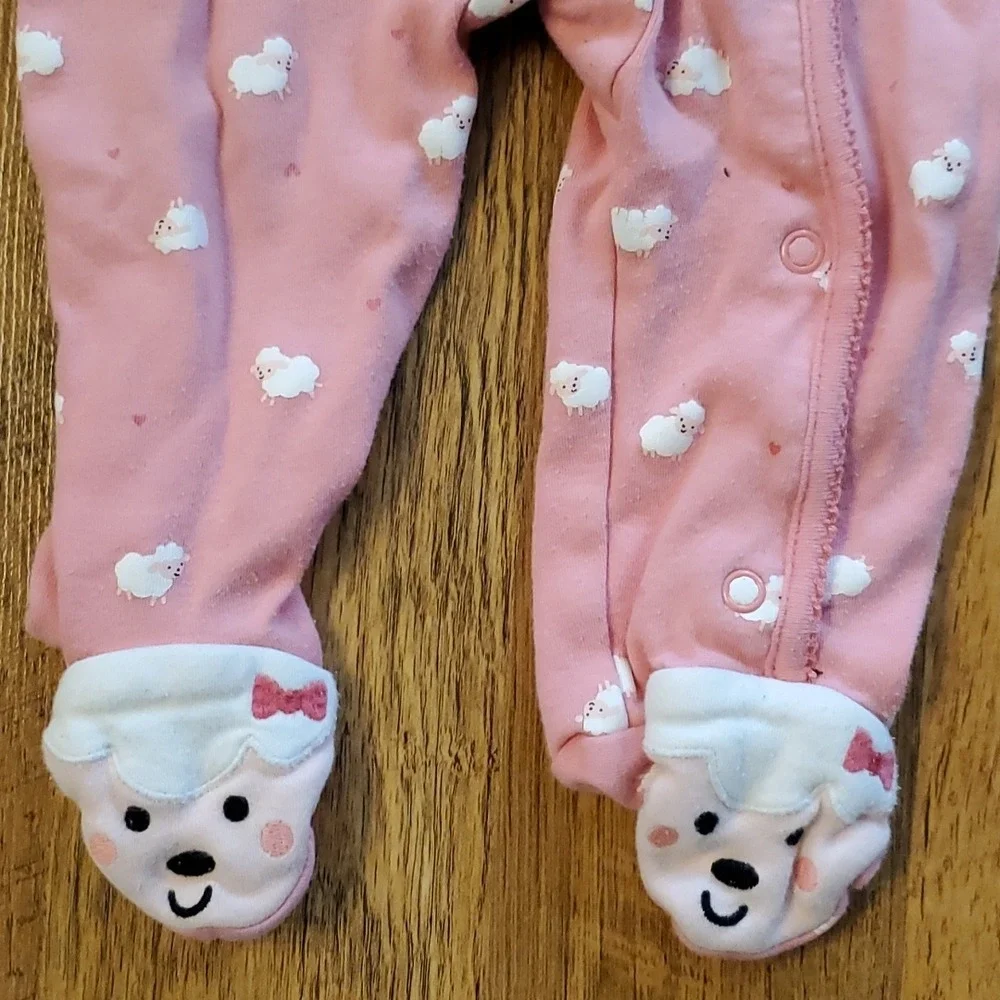 3 Pack Girls Snap Pink‎ Footie Sleep & Plays 9M- Elephant, Chevron, Sheep
